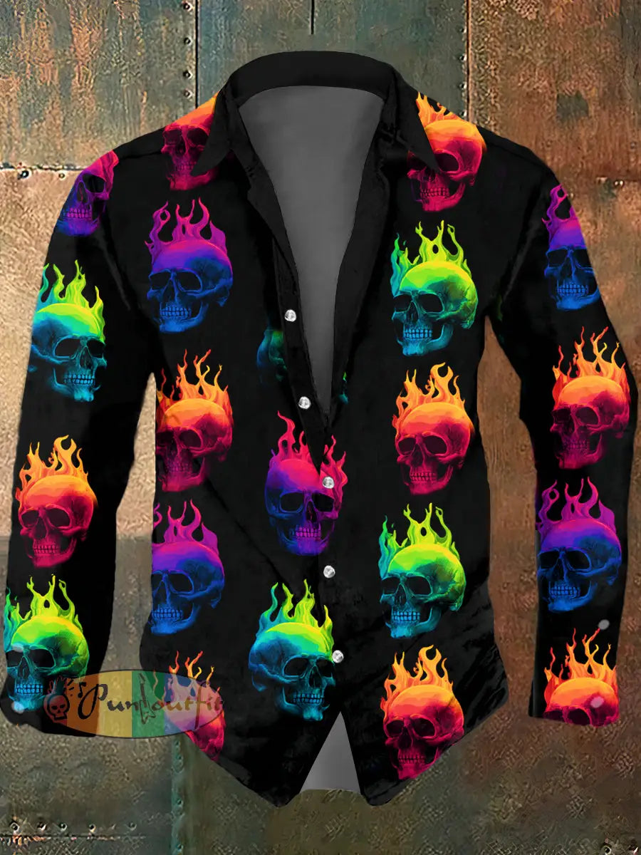 Men’s Psychedelic Skull Print Casual Long Sleeved Shirt Multicolour / S