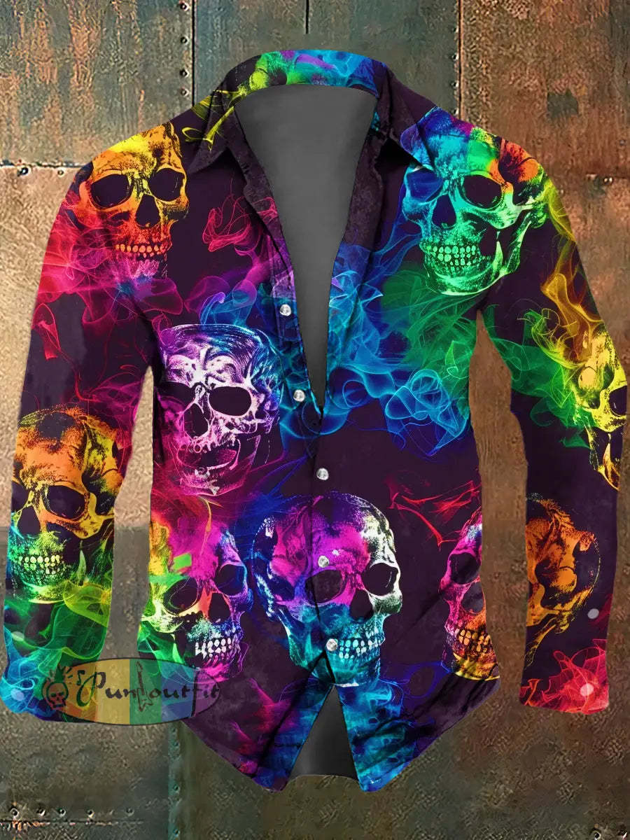 Men’s Psychedelic Skull Print Casual Long Sleeved Shirt Multicolour / S