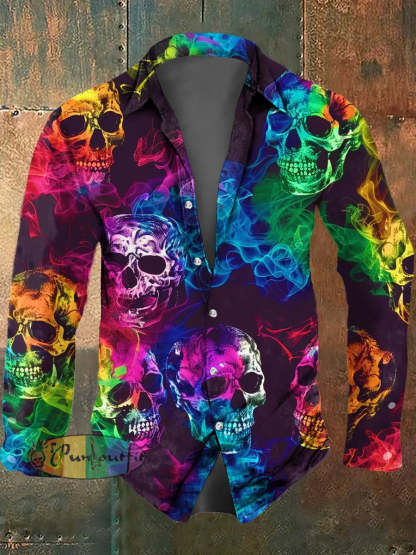 Men’s Psychedelic Skull Print Casual Long Sleeved Shirt Multicolour / S