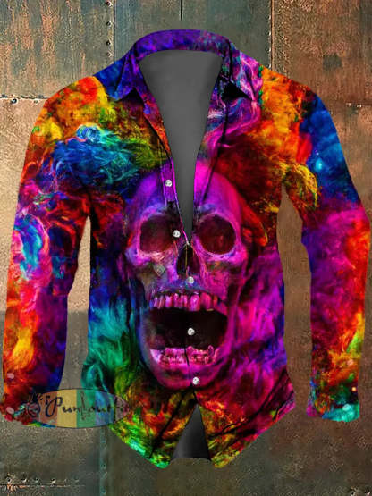 Men’s Psychedelic Skull Print Casual Long Sleeved Shirt Multicolour / S