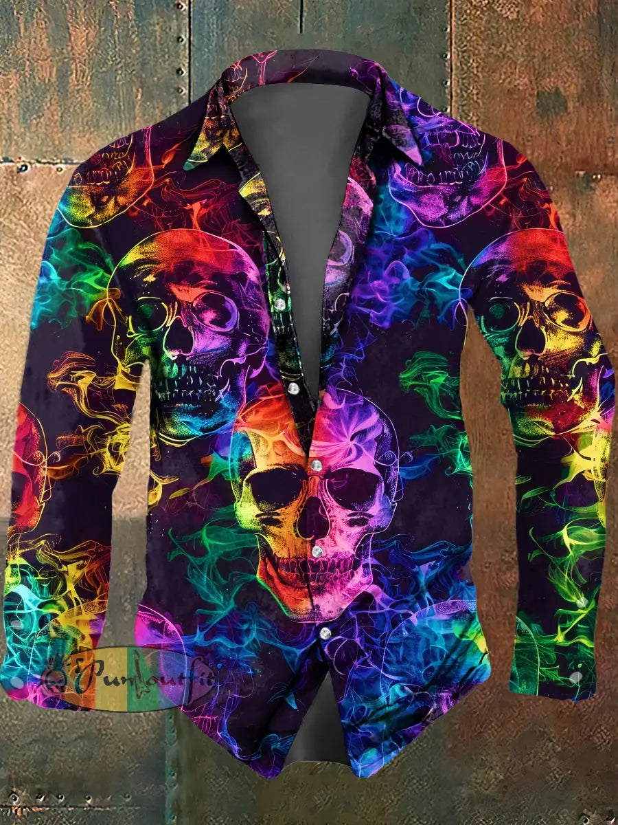 Men’s Psychedelic Skull Print Casual Long Sleeved Shirt Multicolour / S
