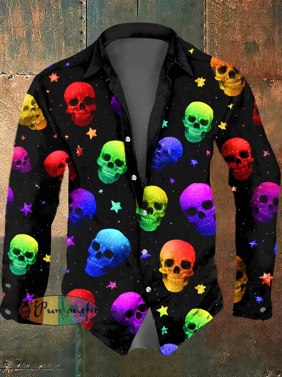 Men’s Psychedelic Skull Print Casual Long Sleeved Shirt Multicolour / S