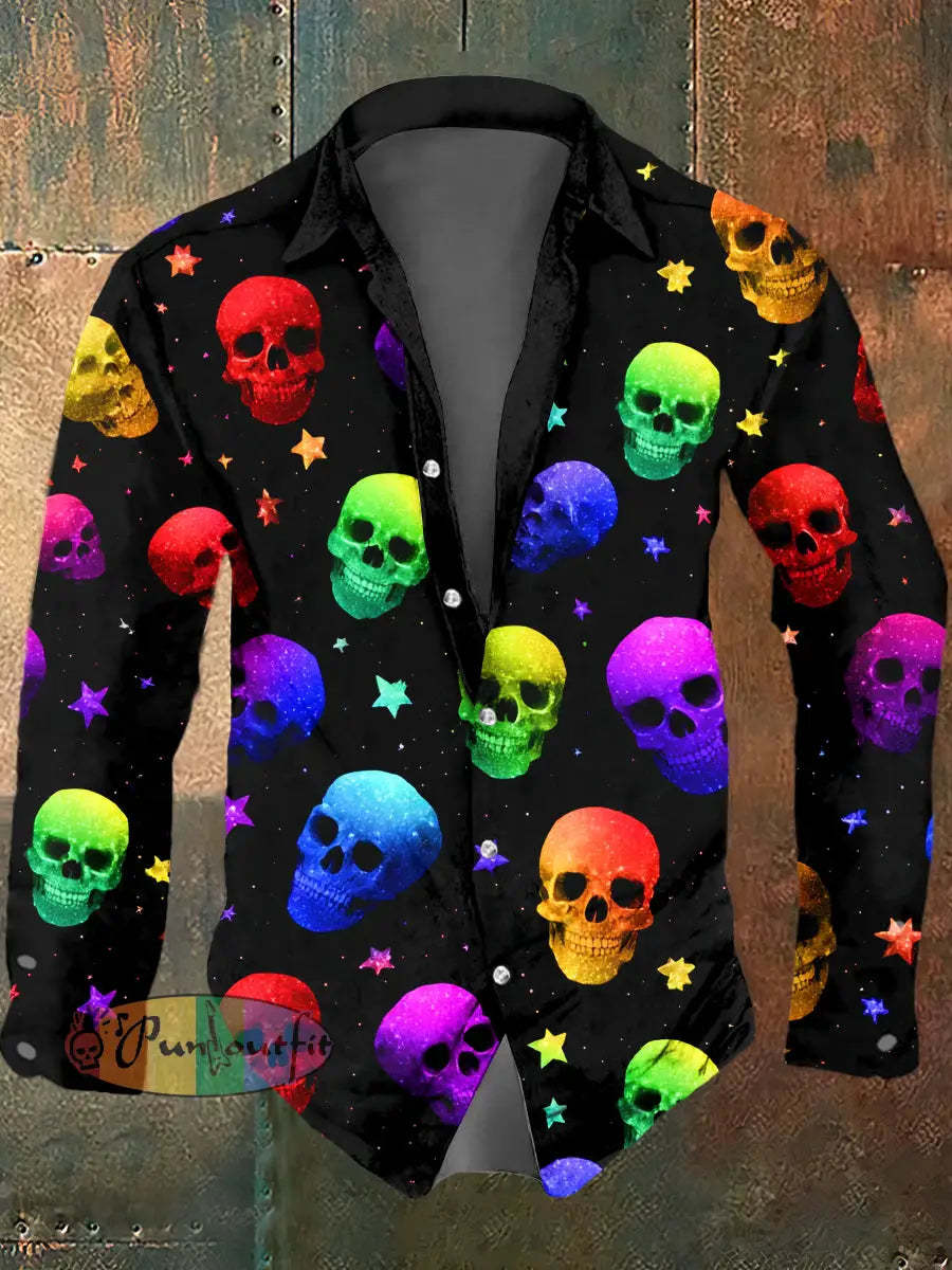 Men’s Psychedelic Skull Print Casual Long Sleeved Shirt Multicolour / S