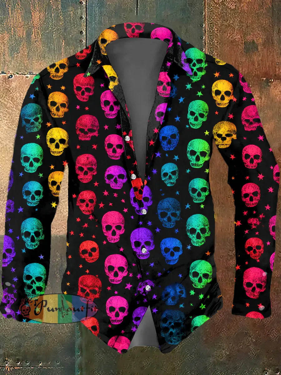 Men’s Psychedelic Skull Print Casual Long Sleeved Shirt Multicolour / S