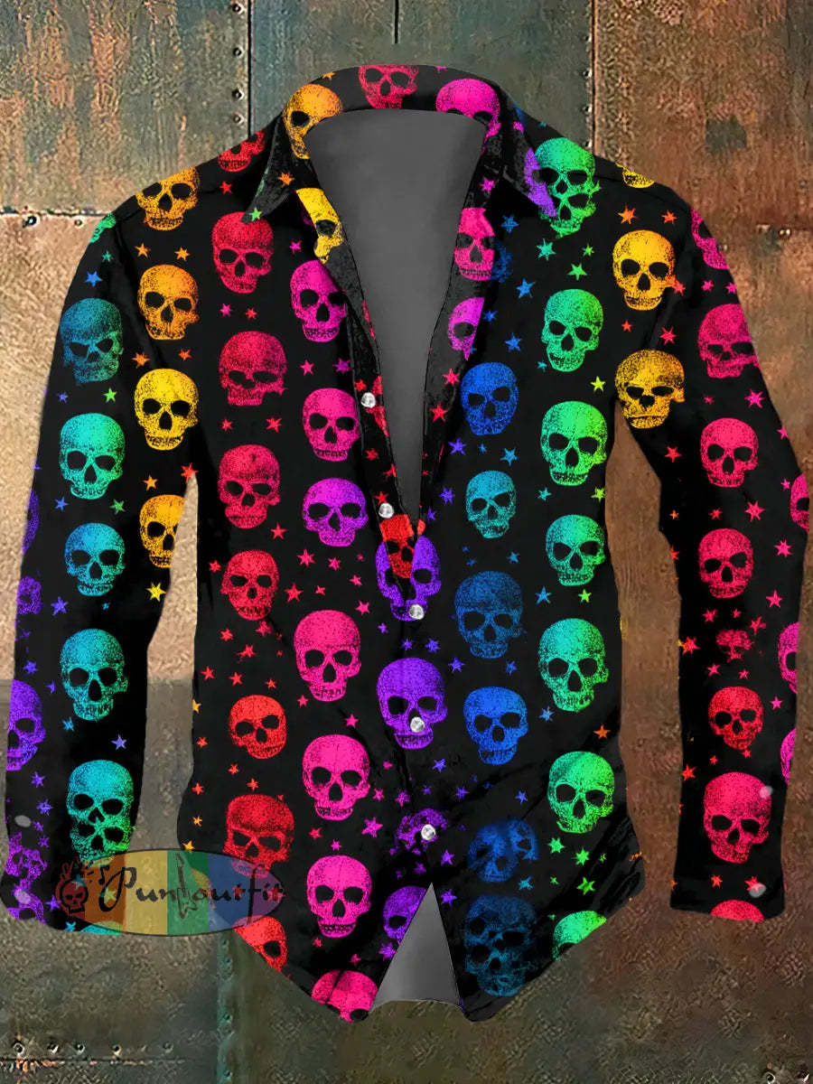 Men’s Psychedelic Skull Print Casual Long Sleeved Shirt Multicolour / S