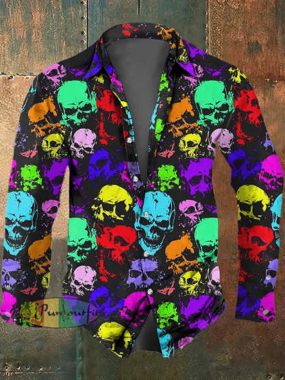 Men’s Psychedelic Skull Print Casual Long Sleeved Shirt Multicolour / S
