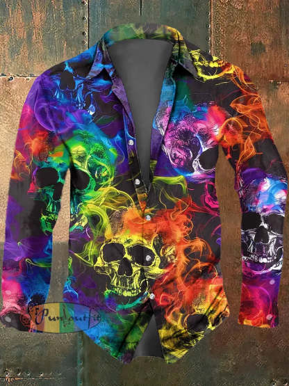 Men’s Psychedelic Skull Print Casual Long Sleeved Shirt Multicolour / S