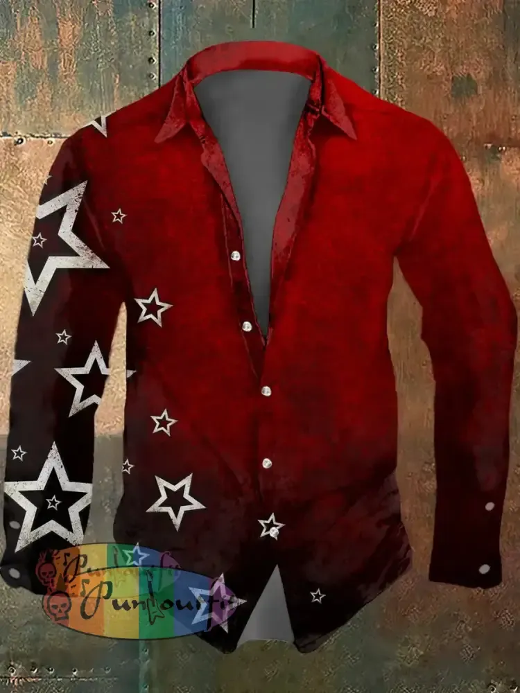 Men’s Psychedelic Star Print Casual Long Sleeved Shirt Black Red / S