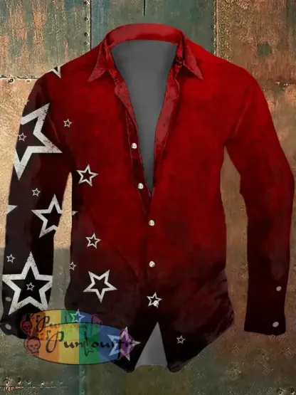 Men’s Psychedelic Star Print Casual Long Sleeved Shirt Black Red / S