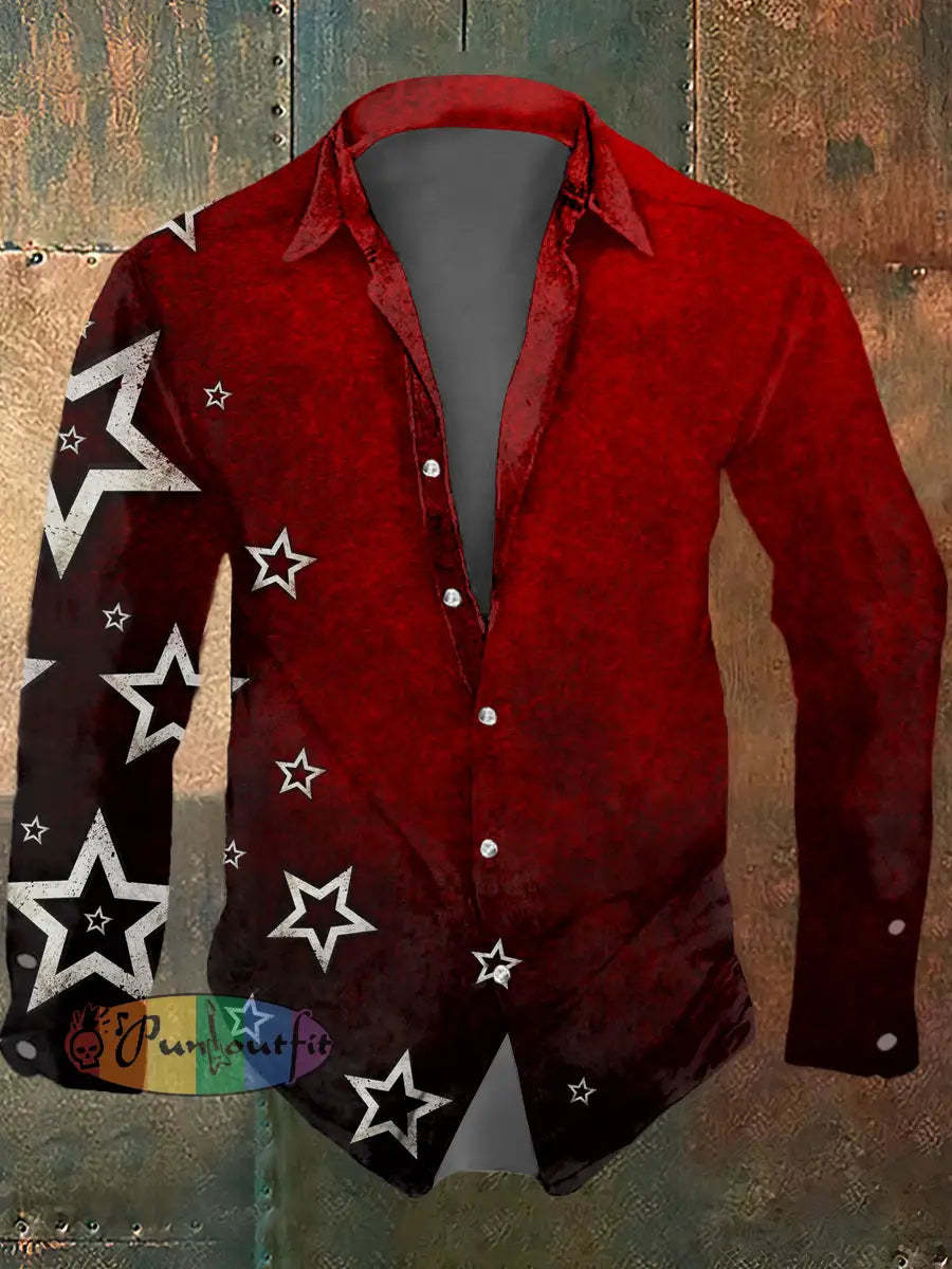 Men’s Psychedelic Star Print Casual Long Sleeved Shirt Black Red / S