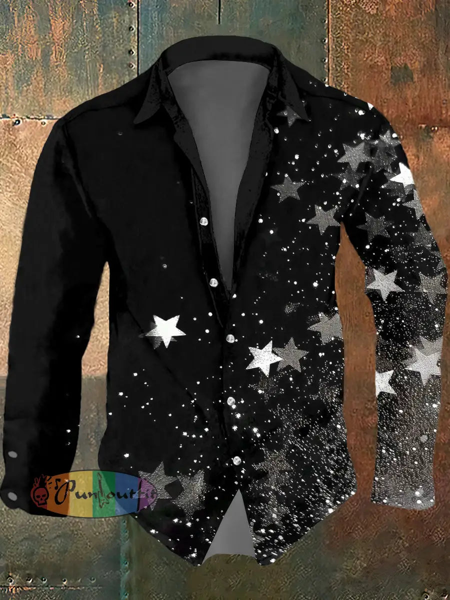 Men’s Psychedelic Star Print Casual Long Sleeved Shirt Black / S