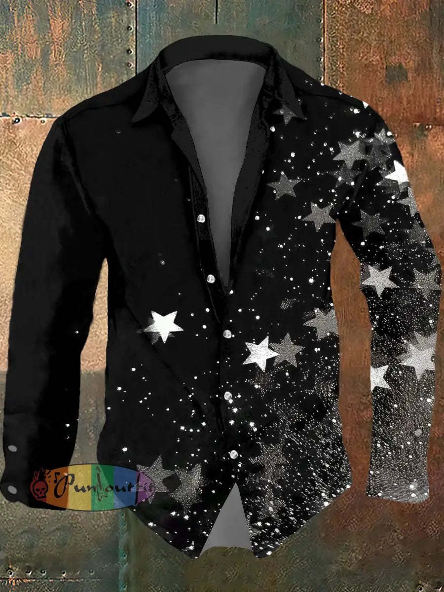 Men’s Psychedelic Star Print Casual Long Sleeved Shirt Black / S