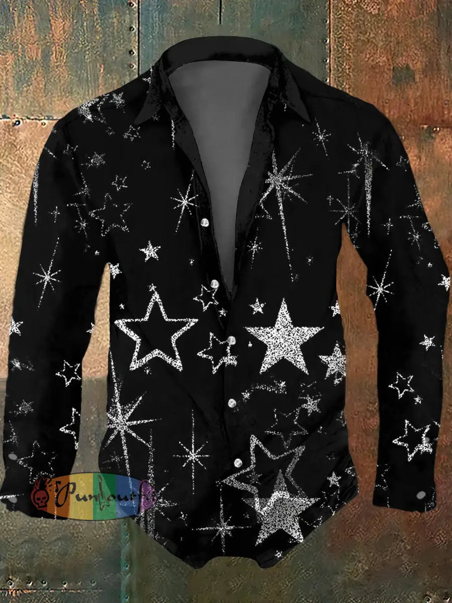 Men’s Psychedelic Star Print Casual Long Sleeved Shirt Black / S