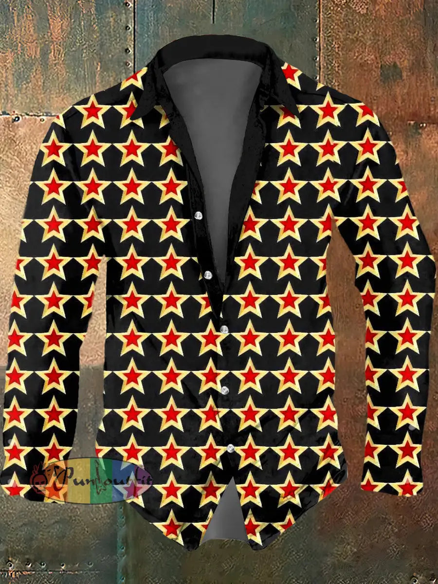 Men’s Psychedelic Star Print Casual Long Sleeved Shirt Black / S