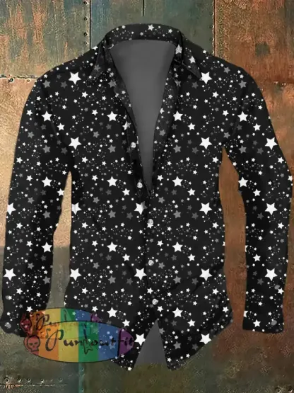 Men’s Psychedelic Star Print Casual Long Sleeved Shirt Black / S