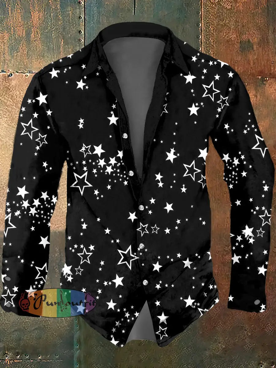 Men’s Psychedelic Star Print Casual Long Sleeved Shirt Black / S