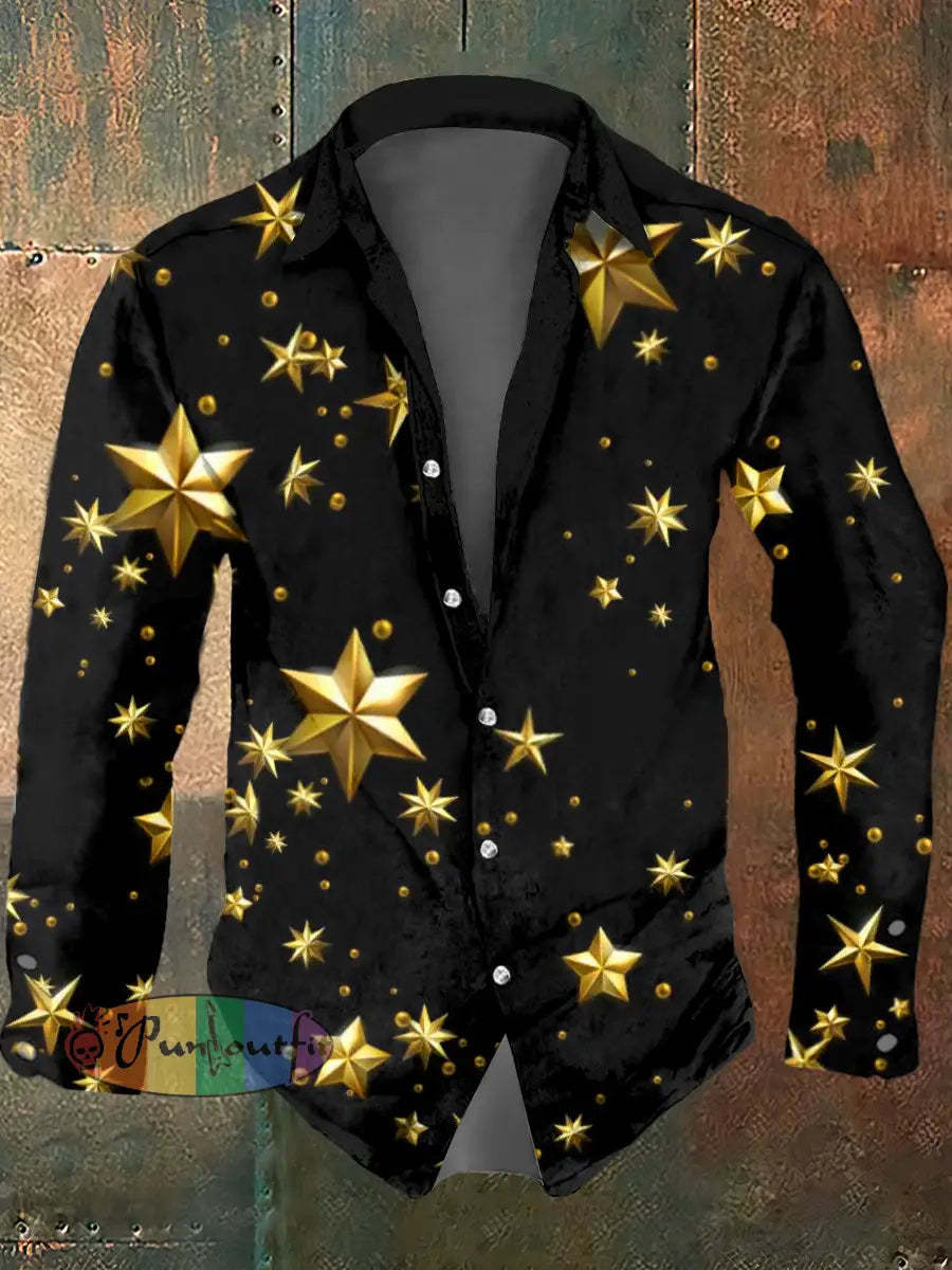 Men’s Psychedelic Star Print Casual Long Sleeved Shirt Black / S