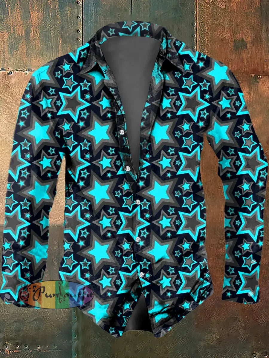 Men’s Psychedelic Star Print Casual Long Sleeved Shirt Blue / S
