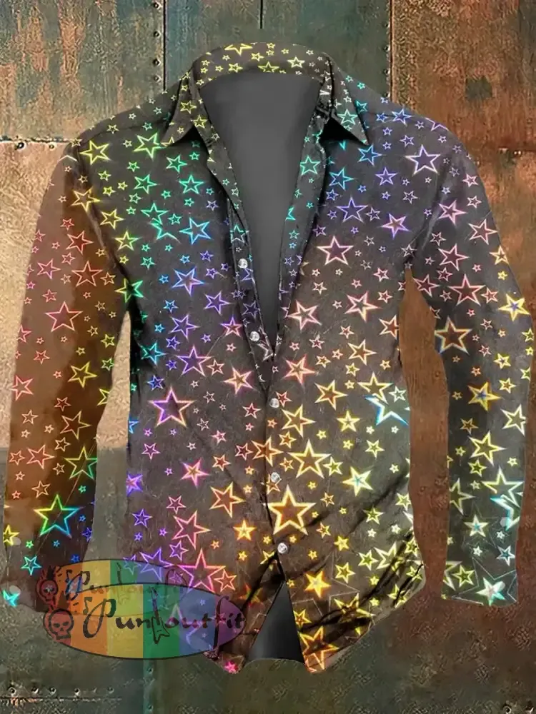 Men’s Psychedelic Star Print Casual Long Sleeved Shirt Multicolour / S