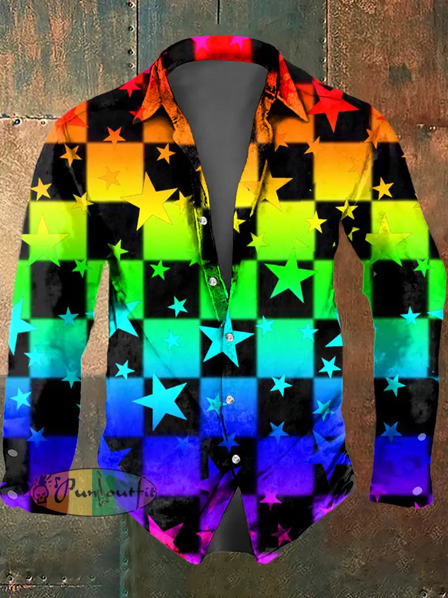 Men’s Psychedelic Star Print Casual Long Sleeved Shirt Multicolour / S