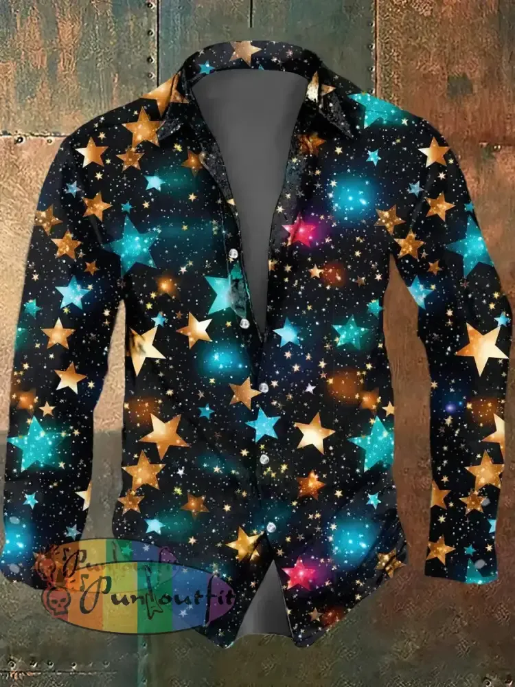 Men’s Psychedelic Star Print Casual Long Sleeved Shirt Multicolour / S
