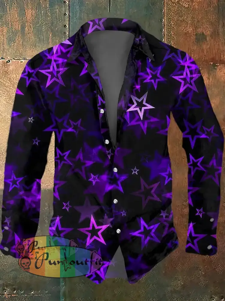 Men’s Psychedelic Star Print Casual Long Sleeved Shirt Purple / S