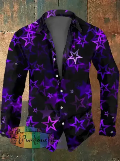 Men’s Psychedelic Star Print Casual Long Sleeved Shirt Purple / S