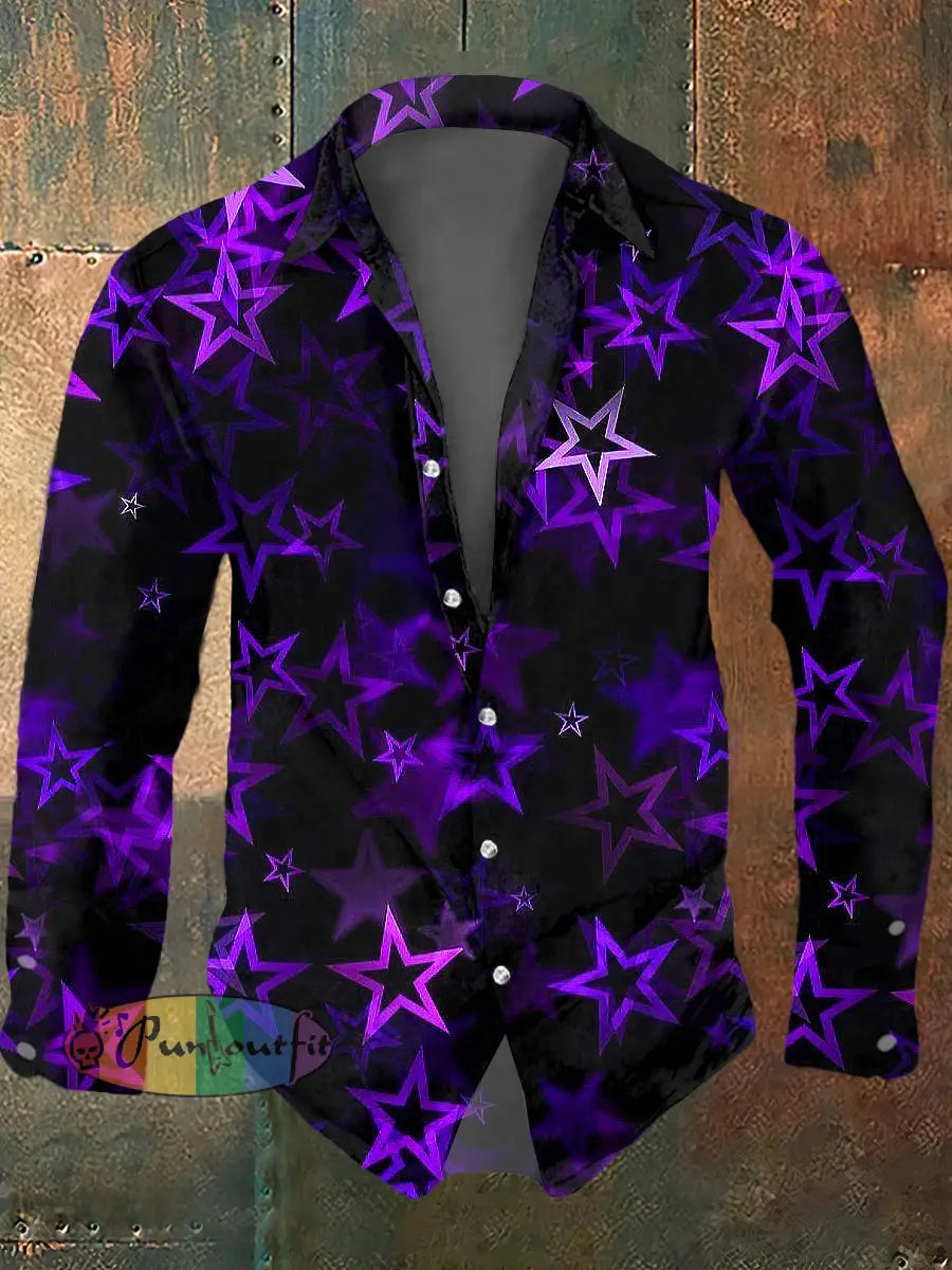 Men’s Psychedelic Star Print Casual Long Sleeved Shirt Purple / S