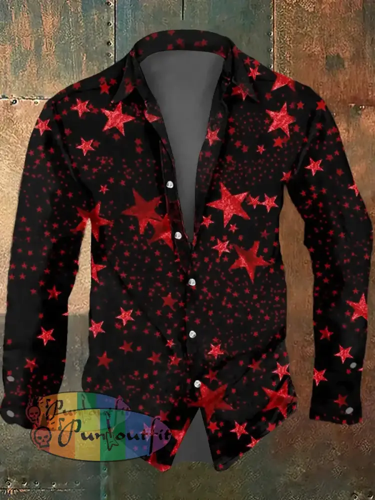 Men’s Psychedelic Star Print Casual Long Sleeved Shirt Red / S