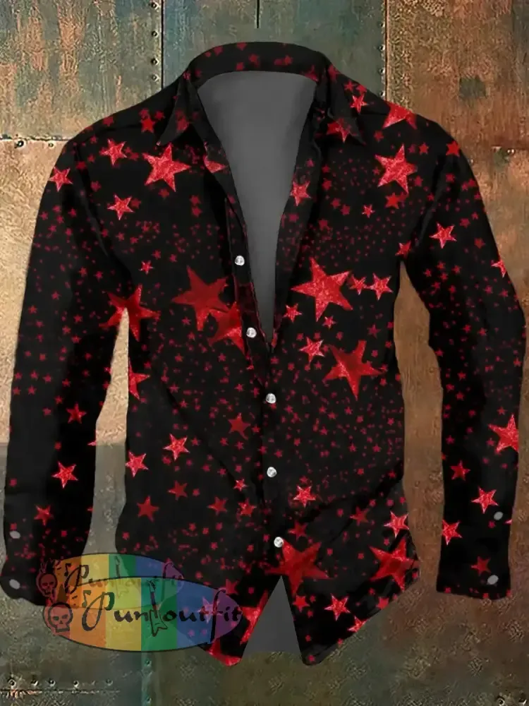 Men’s Psychedelic Star Print Casual Long Sleeved Shirt Red / S
