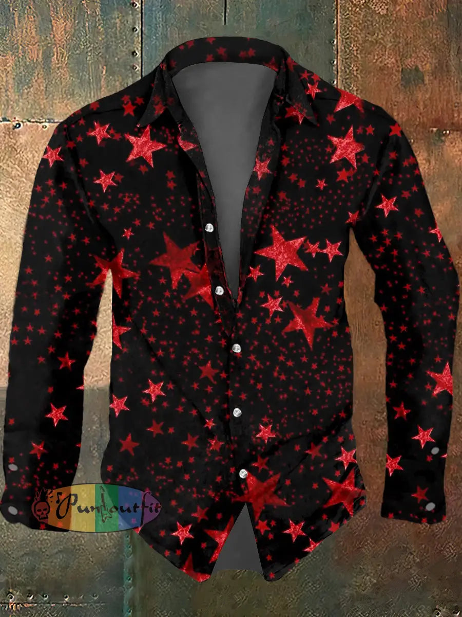 Men’s Psychedelic Star Print Casual Long Sleeved Shirt Red / S