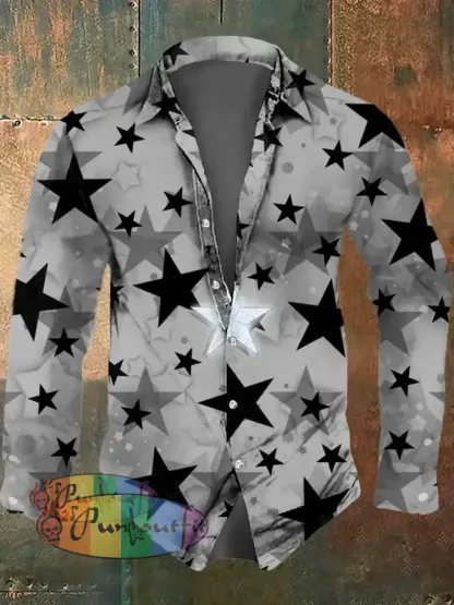 Men’s Psychedelic Star Print Casual Long Sleeved Shirt Silver / S