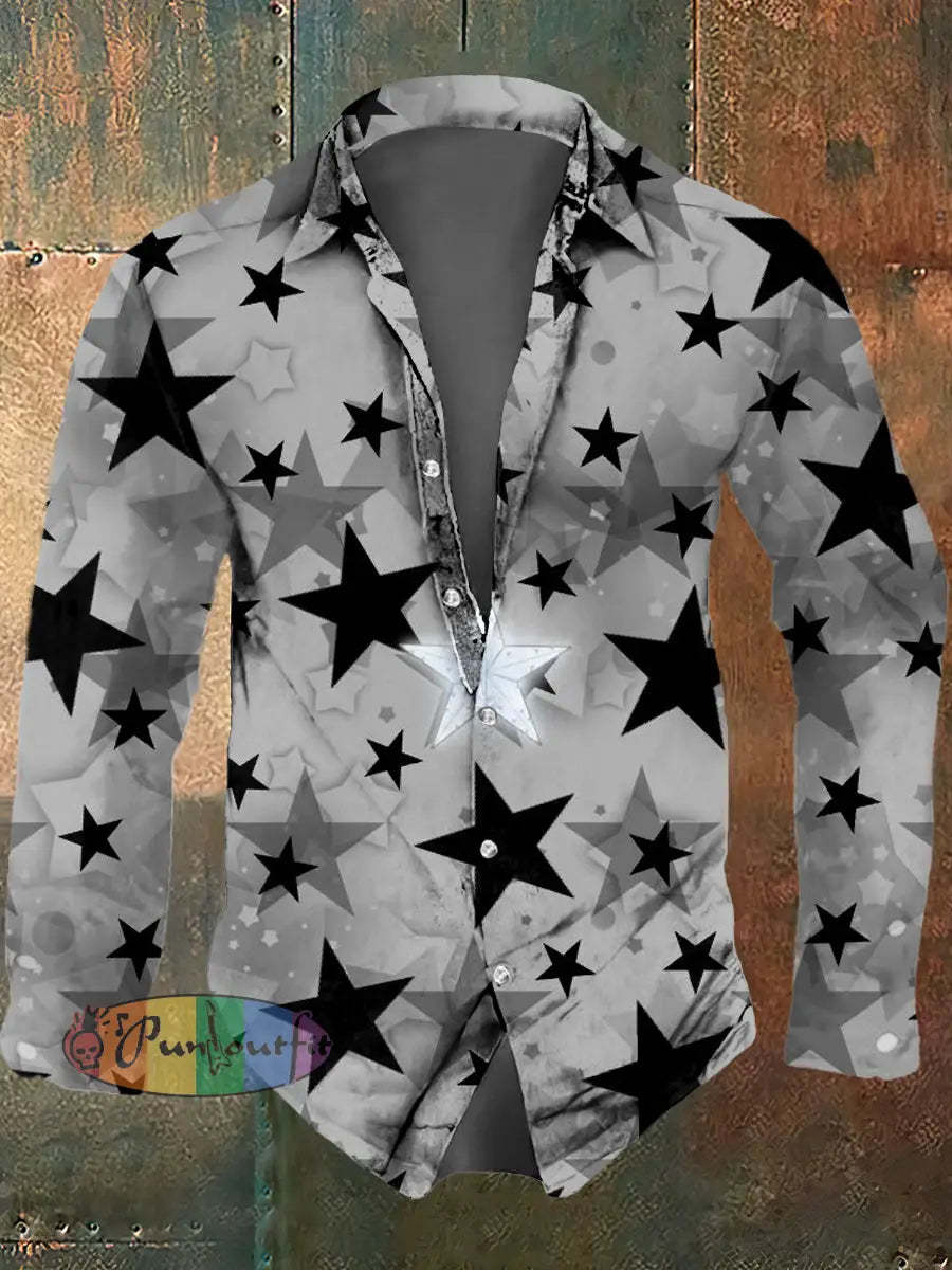 Men’s Psychedelic Star Print Casual Long Sleeved Shirt Silver / S