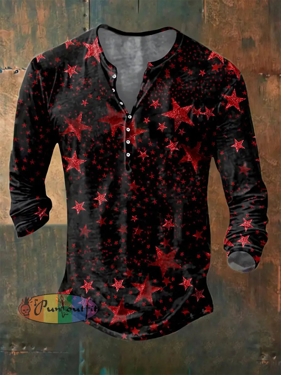 Men’s Psychedelic Star Print Long Sleeve Button Henley Shirt Black / S