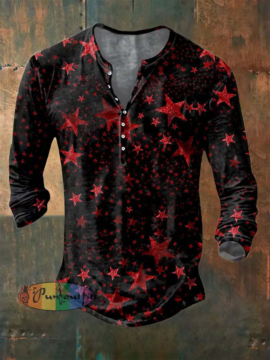 Men’s Psychedelic Star Print Long Sleeve Button Henley Shirt Black / S