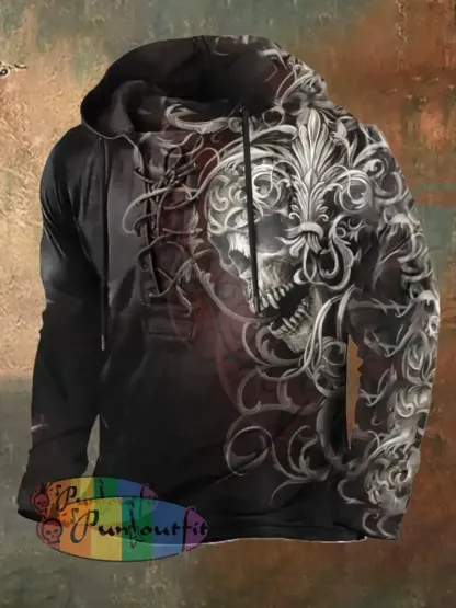 Men’s Retro 3D Skull Print Lace-Up Sweatshirt Black / S Hoodies&Sweatshirts