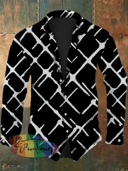 Men’s Retro Abstract Art Printed Casual Fashion Lapel Long Sleeved Shirt Black / S