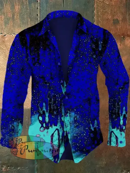 Men’s Retro Abstract Art Printed Casual Fashion Lapel Long Sleeved Shirt Blue / S