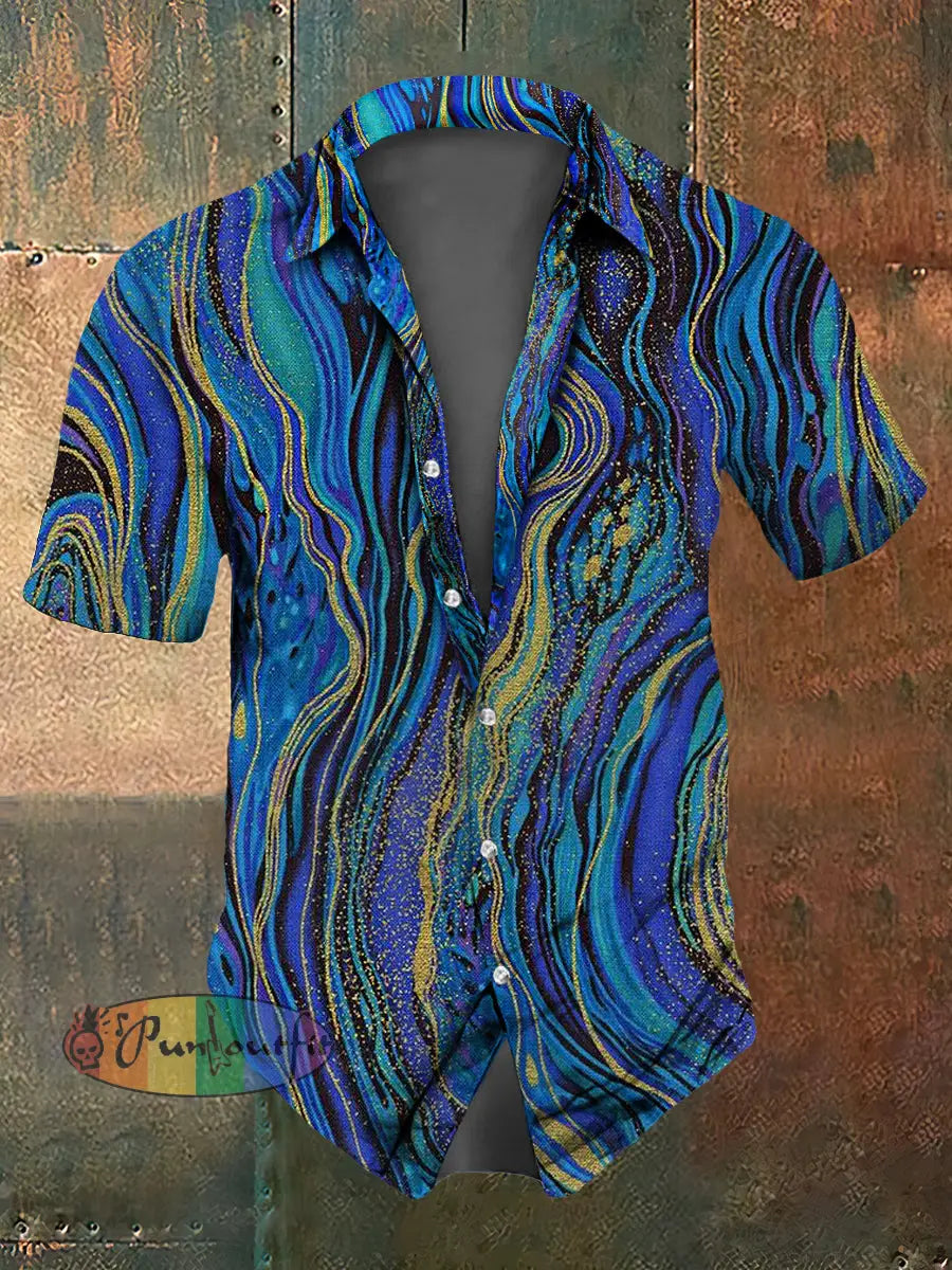 Men’s Retro Abstract Printed Casual Short Sleeved Shirt Blue / S