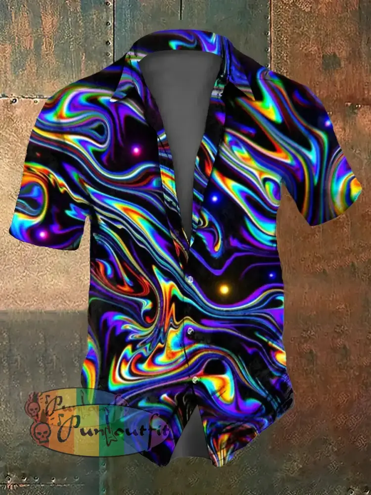 Men’s Retro Abstract Printed Casual Short Sleeved Shirt Colorful / S