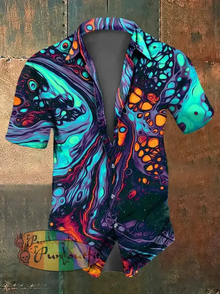 Men’s Retro Abstract Printed Casual Short Sleeved Shirt Colorful / S