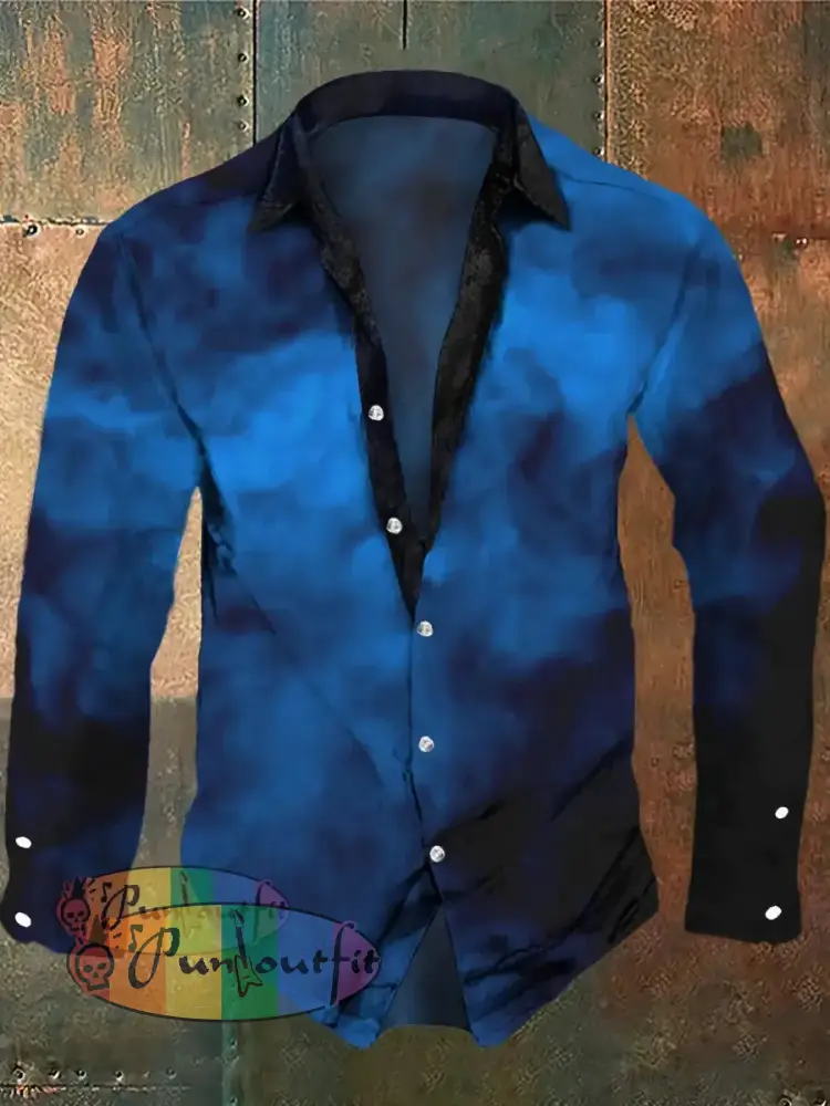 Men’s Retro Blue Fog Print Casual Shirt Long Sleeve / S
