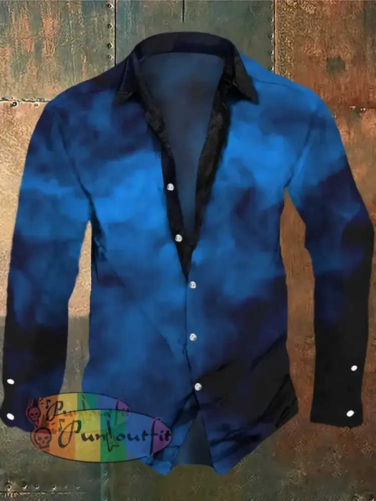 Men’s Retro Blue Fog Print Casual Shirt Long Sleeve / S