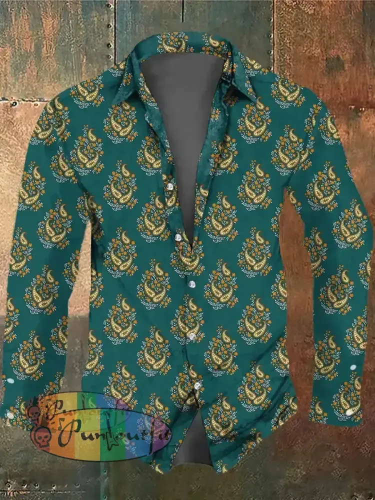 Men’s Retro Bohemian Style Cashew Print Casual Vintage Shirt Green / S