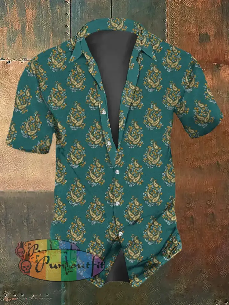Men’s Retro Bohemian Style Cashew Print Shirt Green / S