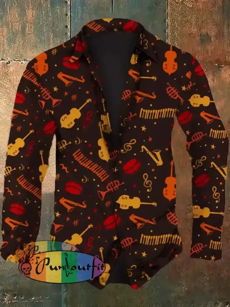 Men’s Retro Cartoon Musical Instrument Pattern Printed Casual And Fashionable Lapel Long Sleeved
