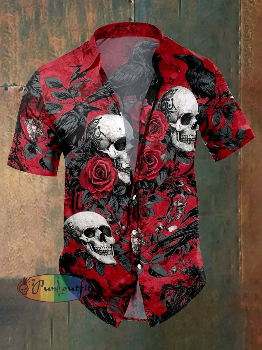 Men’s Retro Casual Skull Print Short Sleeve Shirt As shown / XS SHIRTS