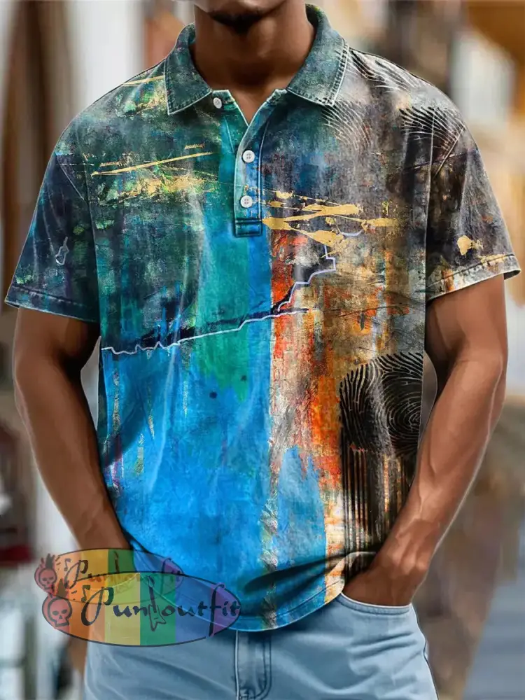 Men’s Retro Colourful Graffiti Aged Abstract Printed Casual Short Sleeve Polo Shirt Blue / S