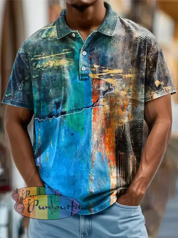 Men’s Retro Colourful Graffiti Aged Abstract Printed Casual Short Sleeve Polo Shirt Blue / S