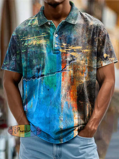 Men’s Retro Colourful Graffiti Aged Abstract Printed Casual Short Sleeve Polo Shirt Blue / S